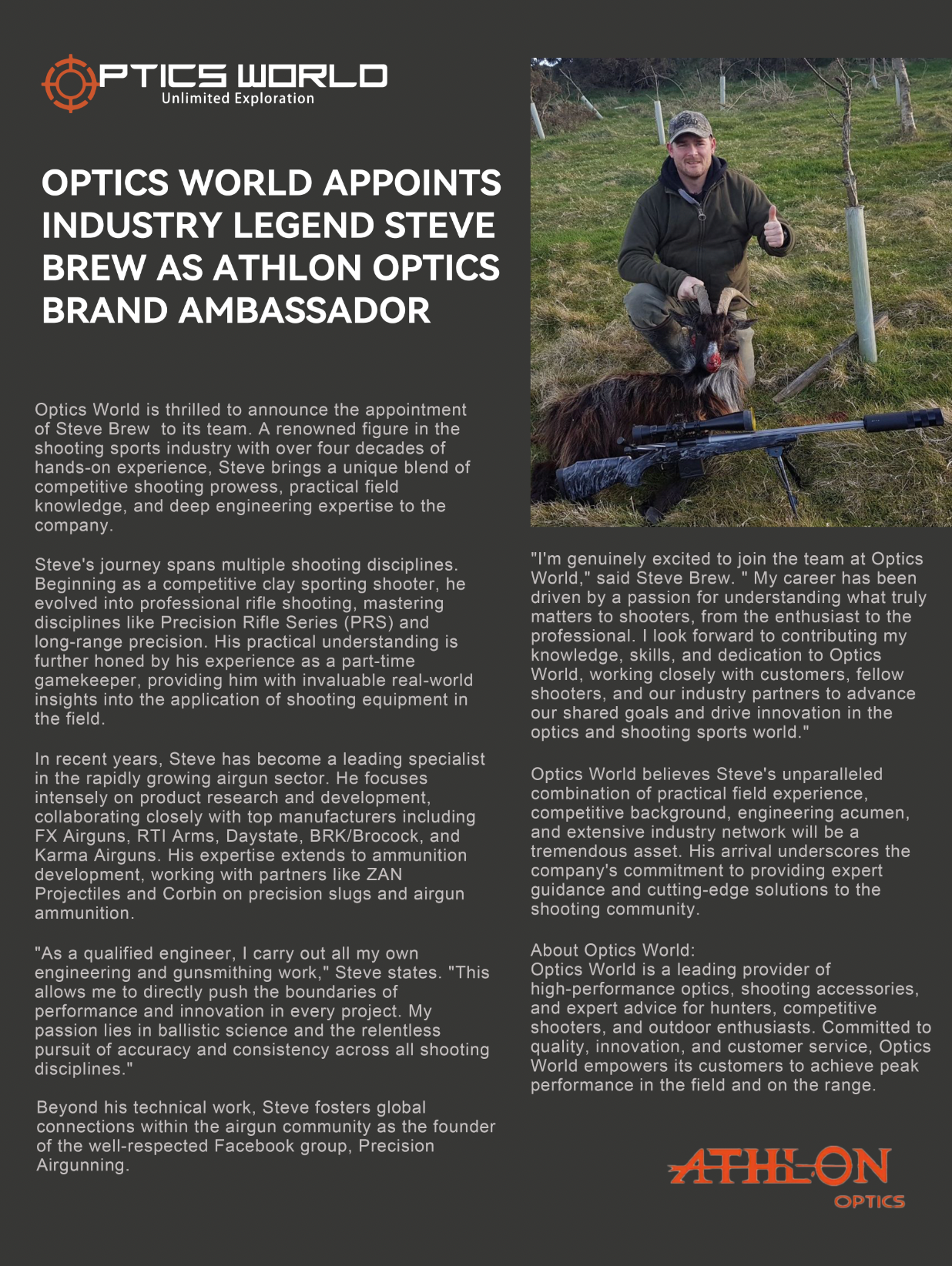 Optics World Appoints Industry Legend Steve Brew as Athlon Optics Brand Ambassador